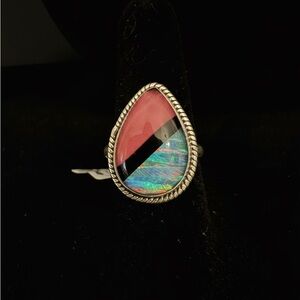 Elegant sterling Silver and Multicolor aurora opal teardrop Ring